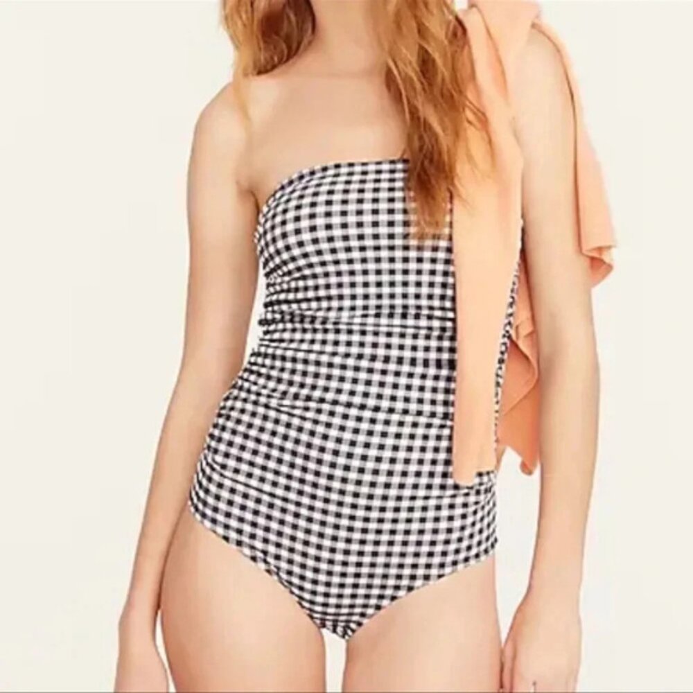NWT J. Crew Gingham Ruched Bandeau One Piece Swimsuit